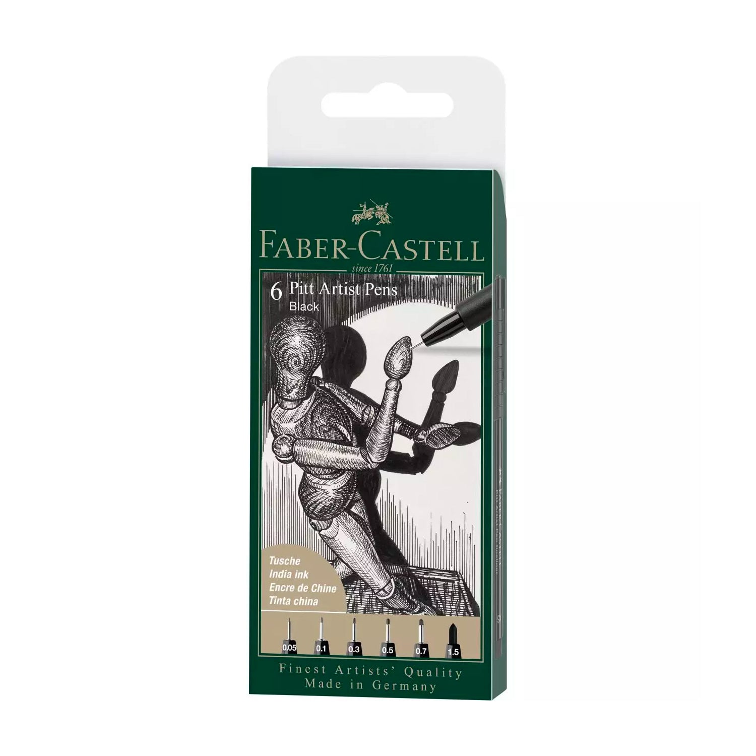 Faber-Castell 6-Pack PITT Artist Pens - Set of Black Pens in 1.5/XXS/XS/S/F/M Sizes