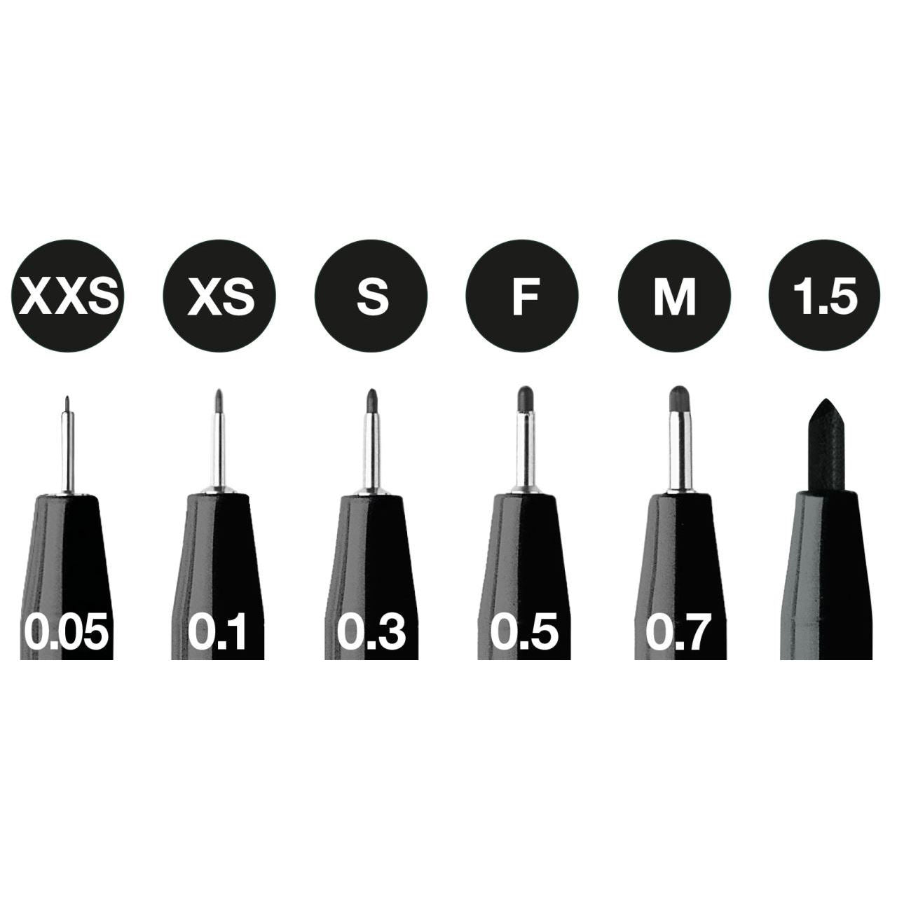 Faber-Castell 6-Pack PITT Artist Pens - Set of Black Pens in 1.5/XXS/XS/S/F/M Sizes
