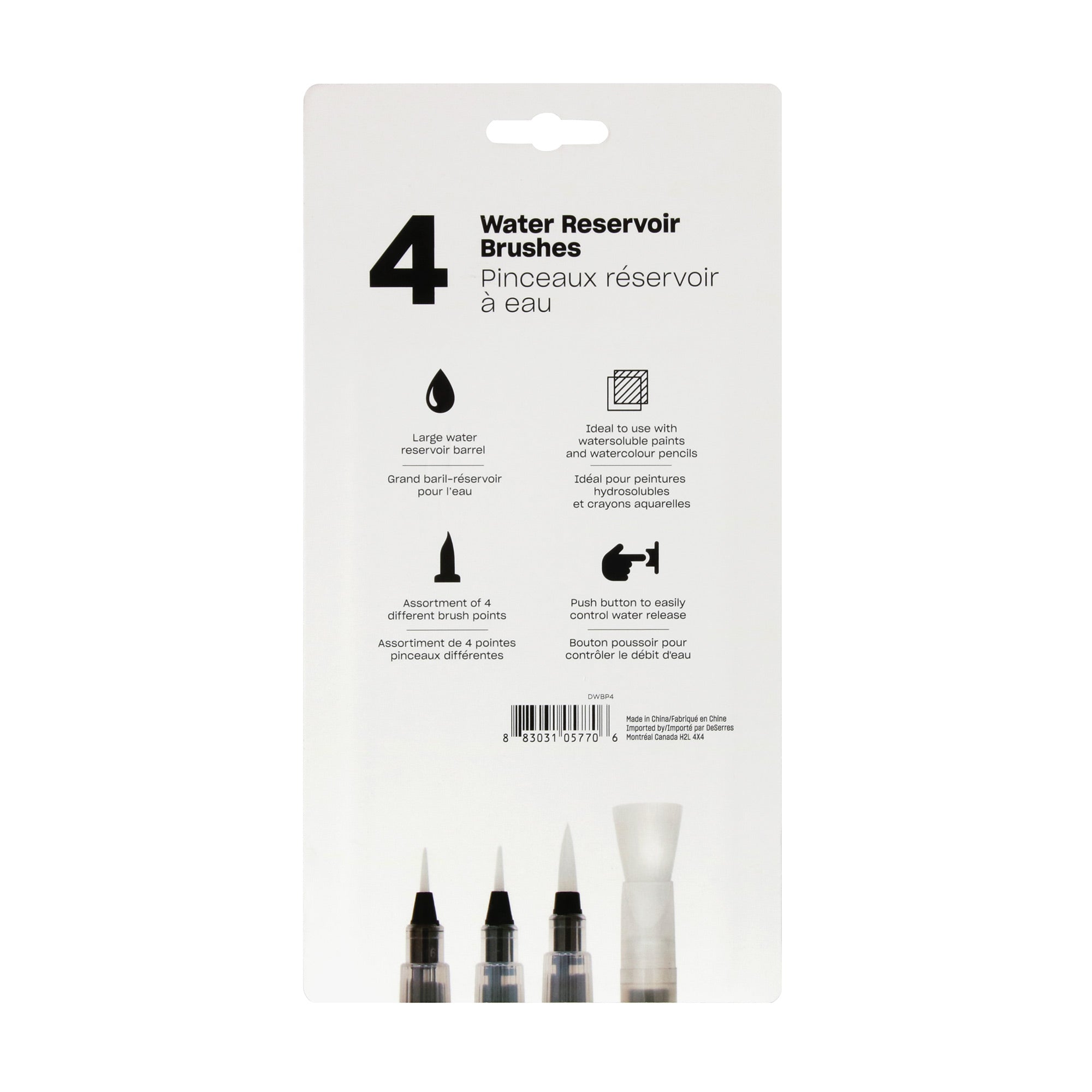 4-Pack Assorted Refillable Water Reservoir Brushes for Painting