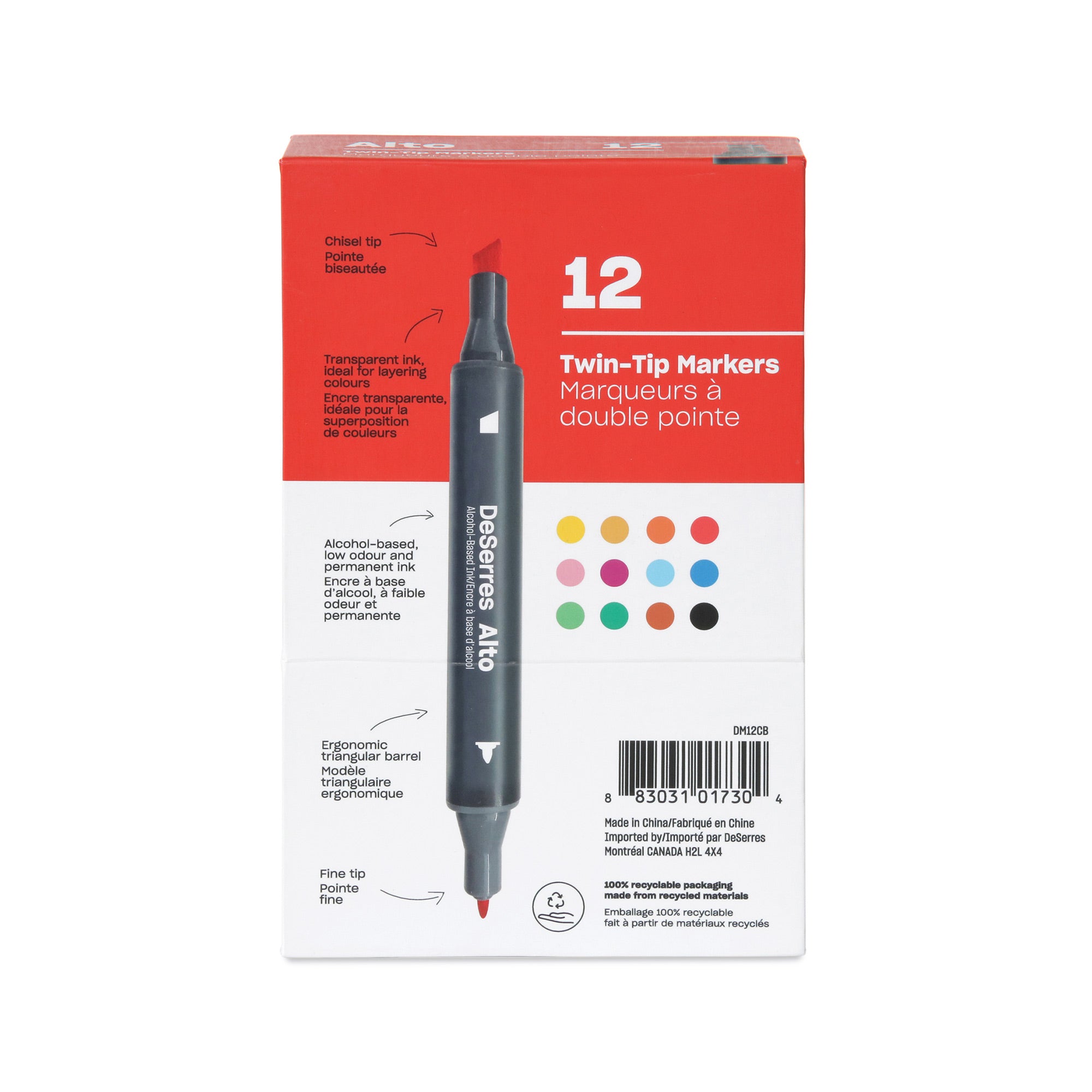 Alto 12-Pack Marker Set: Essential Colors with Chisel and Fine Tips