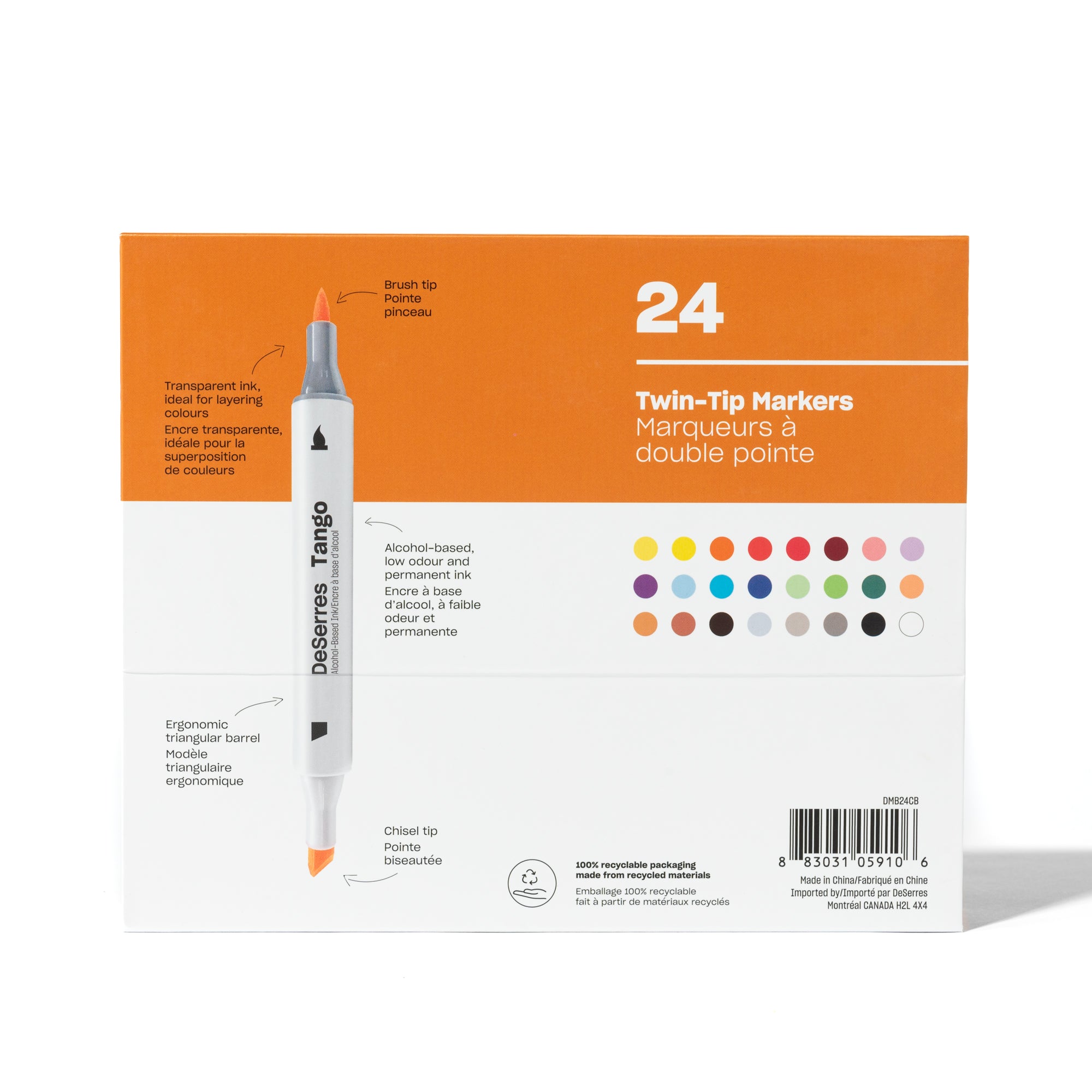 24-Pack Tango Double-Ended Markers Set - Assorted Colors, Chisel and Brush Tips for Creative Art