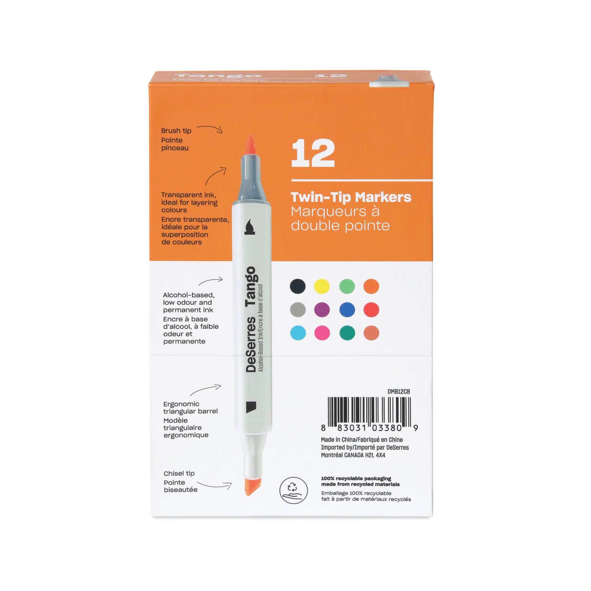 Tango Double-Tip Markers Set - 12 Pack of Assorted Colors with Chisel and Brush Tips
